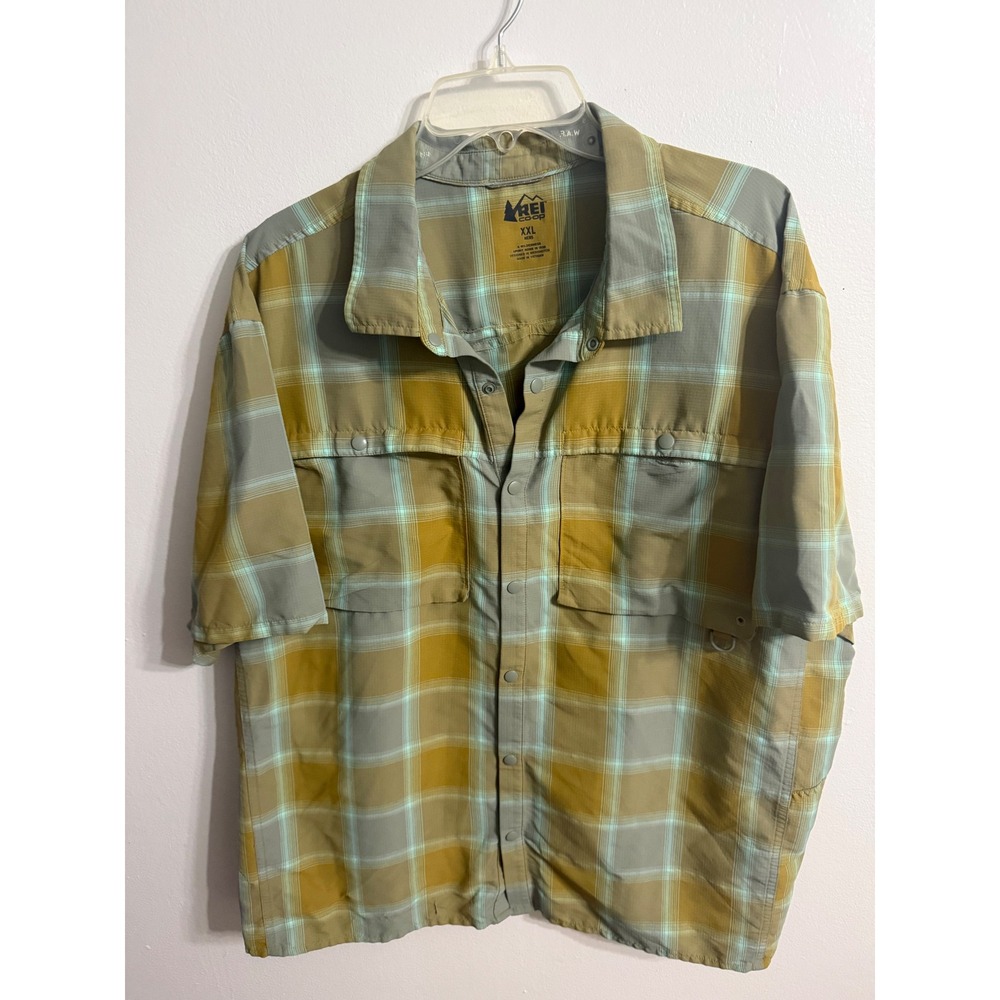 REI Co-op Mens XXL Plaid Ripstop Hiking Shirt Short Sleeve Vented Back Yellow
